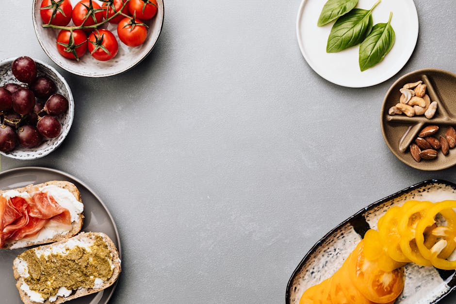 Fresh ingredients with sandwiches in a flat lay style, offering a gourmet meal concept.