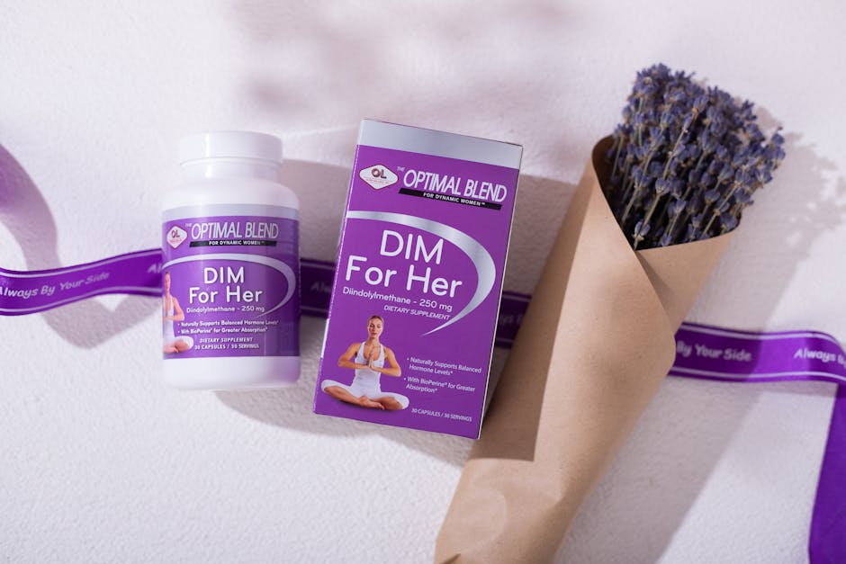 A purple-themed dietary supplement with gift-wrapped lavender flowers enhances natural wellness.
